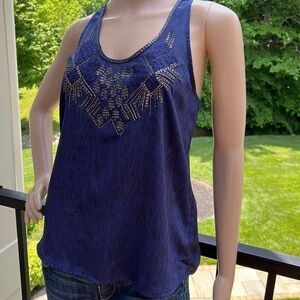 Ecote Gorgeous blue gold tone embellished sleeveless racerback silky top